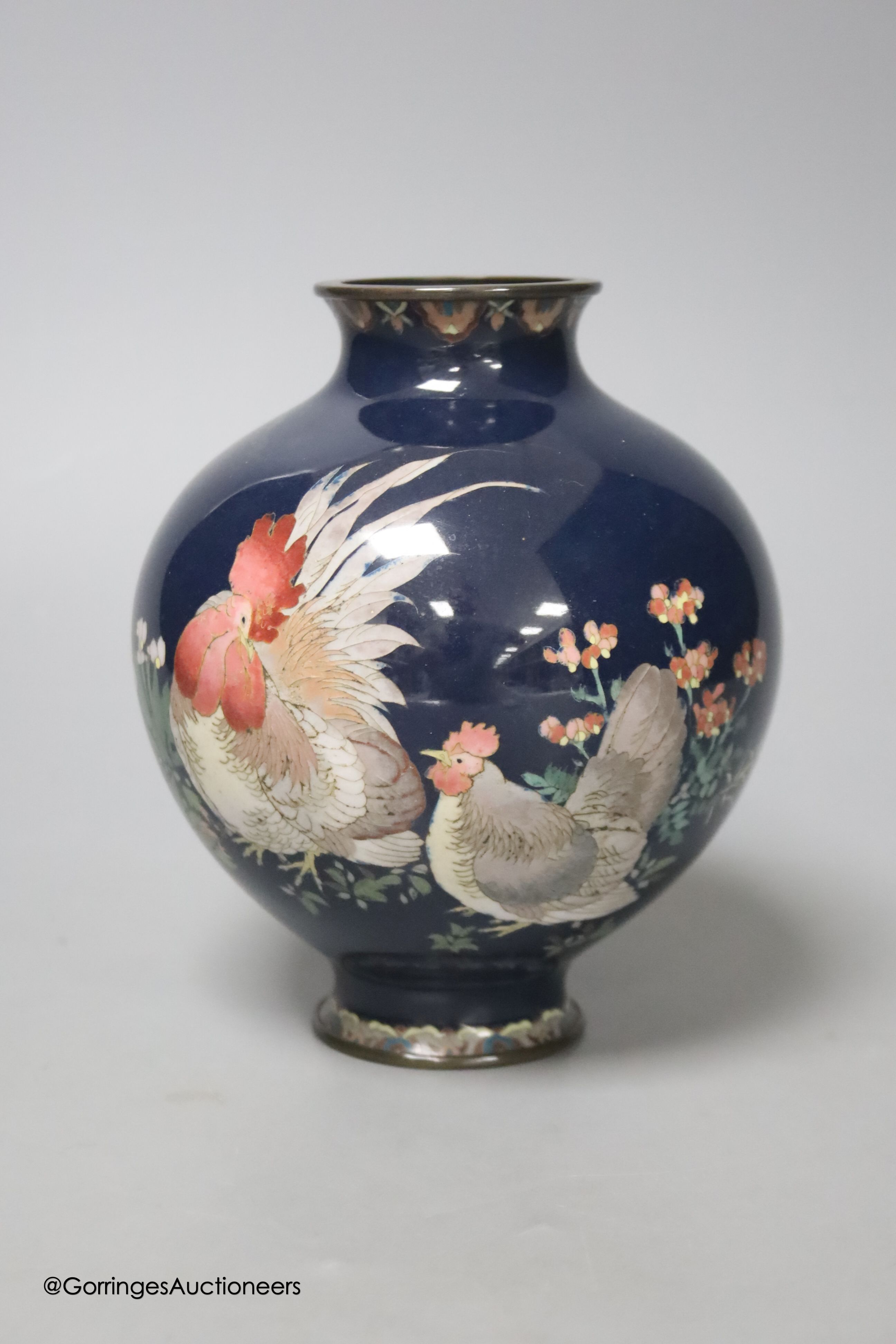A Japanese cloisonné enamel vase, Meiji period, decorated with a cockerel, height 14cm
